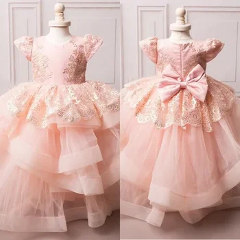 Розовое пышное платье для маленьких девочек, кружевное повседневное платье-пачка для маленьких девочек, день рождения, свадебное представление, детская одежда для девочек