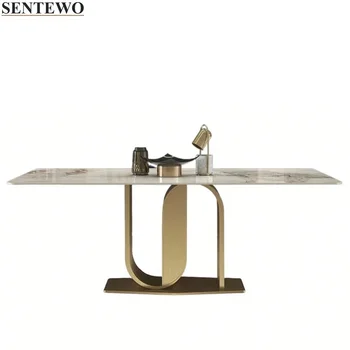 Роскошный Обеденный стол из каменной плиты, Набор стульев, Металлическая Титановая Золотая рама, стол из искусственного мрамора, Кухонная мебель Mesa Redonda Comedor