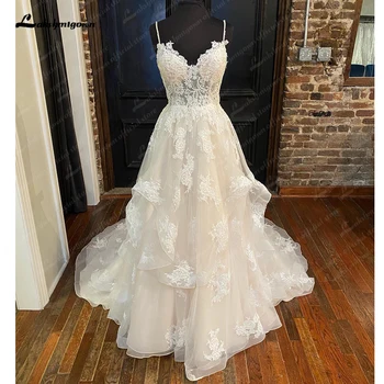 Свадебное платье с романтическими оборками 2023, аппликация с V-образным вырезом, свадебные платья трапециевидной формы без спинки, большой размер на заказ