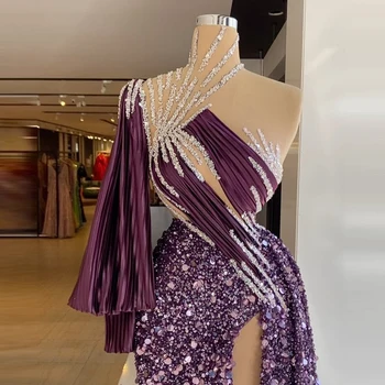 Сверкающие фиолетовые платья для выпускного вечера с разрезом спереди на одно плечо, изготовленные на заказ кристаллы с высоким воротом, Русалка, Настоящие женские нарядные платья Imge 2021 г.