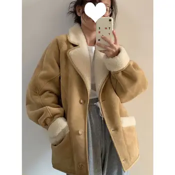 Светло-коричневое пальто из шерсти ягненка, куртка женская, корейская осенне-зимняя куртка в винтажном стиле из оленьей кожи с утолщенной хлопчатобумажной подкладкой, женская