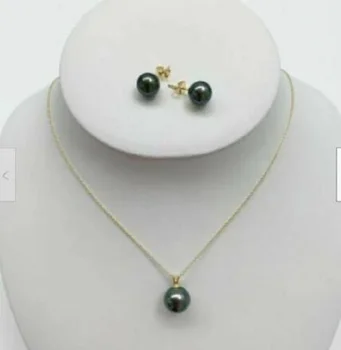 Серьги-гвоздики с таитянским жемчугом 10-11 мм, ожерелье, зеленый Круглый