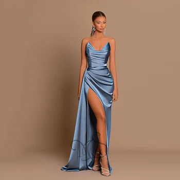 Современные вечерние платья 2023, атласное платье для выпускного вечера без рукавов с V-образным вырезом, с разрезом по бокам, со шлейфом в виде русалки, Vestidos De Graduación