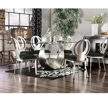 Современный обеденный стол из 7 предметов, поразительно Элегантный обеденный стол из закаленного стекла 60 дюймов и стулья с мягкой обивкой 6 предметов