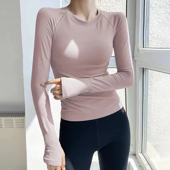 Спортивная одежда для фитнеса, женская быстросохнущая футболка с круглым вырезом и длинным рукавом, облегающий топ для йоги для пилатеса, бега, йоги