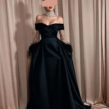 Черное сексуальное вечернее платье с открытыми плечами, украшенное стразами и перьями, платье для выпускного вечера с длинными рукавами, вечернее платье трапециевидной формы