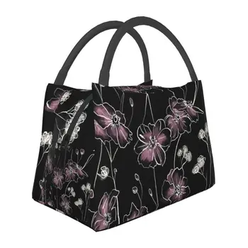 Черные дикие розы, Розовые изолированные сумки для ланча для женщин, сменный охладитель с цветочным рисунком, касса для Бенто, касса для пикника, путешествия