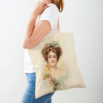 Элегантная женская сумка для покупок в винтажном стиле, повседневная многоразовая холщовая Мультяшная женская сумка-тоут с двойным принтом, Женские сумки для покупок