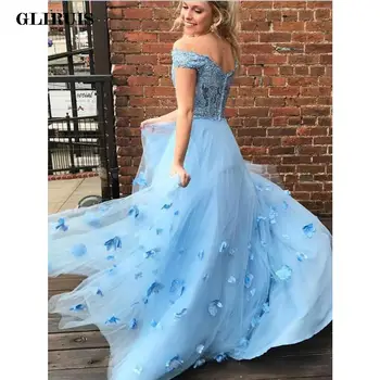Элегантное светло-голубое вечернее платье принцессы 2022 года трапециевидной формы с кружевными аппликациями, платья для выпускного вечера из голубого тюля с открытыми плечами, состоящие из двух частей