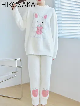 Японская одежда для отдыха Kawaii Женщины любят Мягкую осенне-зимнюю пижаму с принтом Кролика, костюм для домашней одежды из коралловой шерсти с толстым теплым плюшем