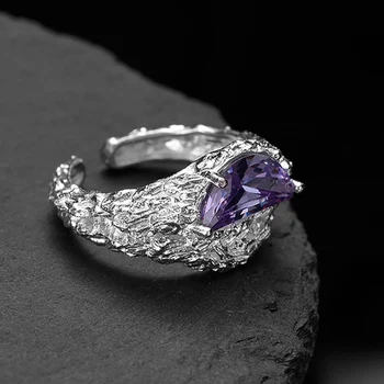 Ярко-фиолетовый циркон из стерлингового серебра 925 пробы с потрескавшейся текстурой кольцо женское ins холодный ветер открывающая Луна кольцо на указательный палец
