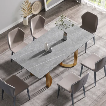 обеденный стол из современного искусственного камня серого цвета с прямыми краями и золотистой металлической ножкой 70,87 дюйма-рассчитан на 6-8 человек